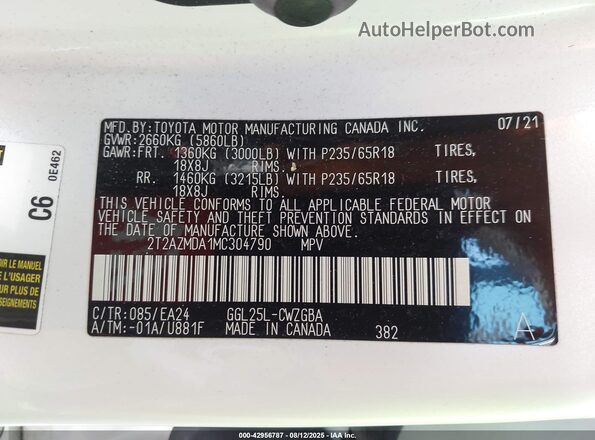 2T2AZMDA1MC304790 2021 LEXUS RX 350 White 