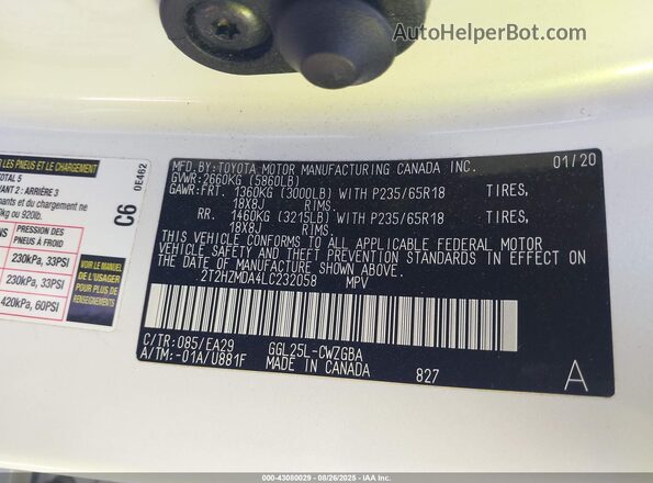 2T2HZMDA4LC232058 2020 LEXUS RX White Vista del compartimento del motor