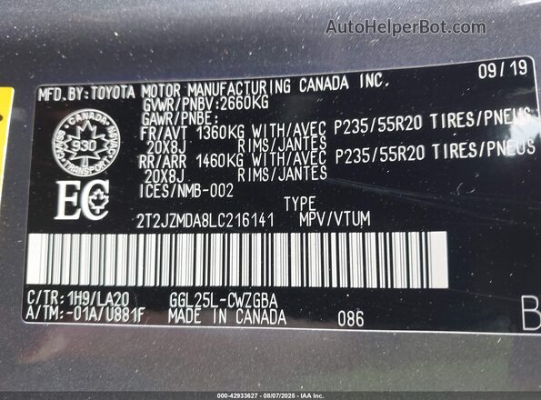 2T2JZMDA8LC216141 2020 LEXUS RX 350 Silver Vista del compartimento del motor