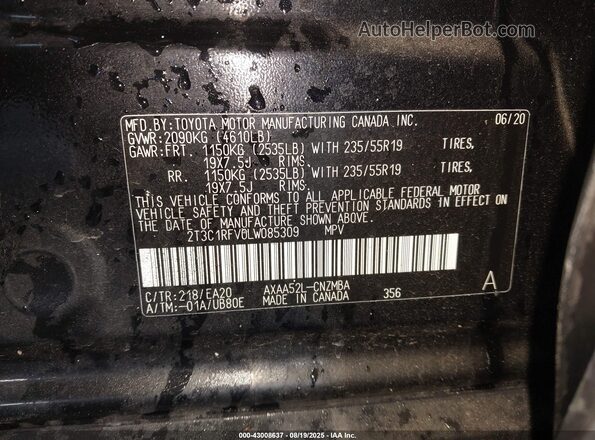 2T3C1RFV0LW085309 2020 TOYOTA LE Black Vista del compartimento del motor