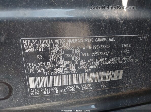 2T3H1RFV2LC041383 2020 TOYOTA LE Black Вид підкапотного простору