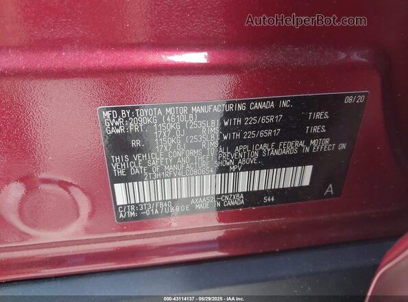 2T3H1RFV4LC080654 2020 TOYOTA LE Red Vista del compartimento del motor
