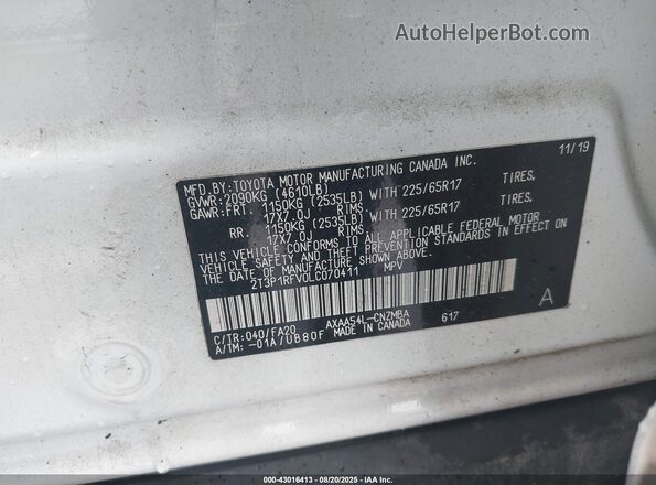 2T3P1RFV0LC070411 2020 TOYOTA LE White Vista del compartimento del motor