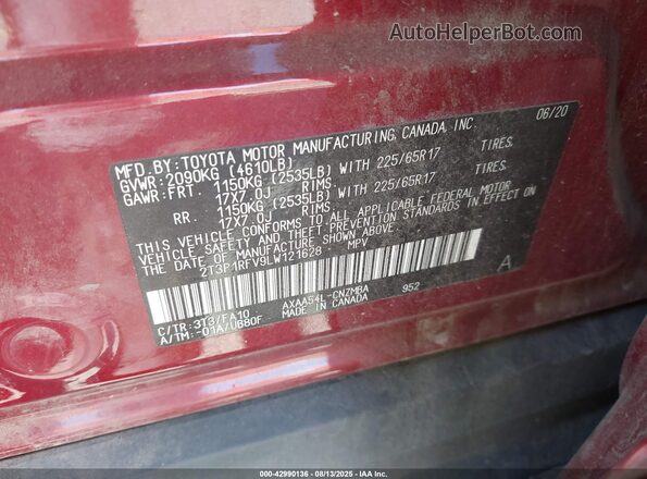 2T3P1RFV9LW121628 2020 TOYOTA LE Красный Вид подкапотного пространства