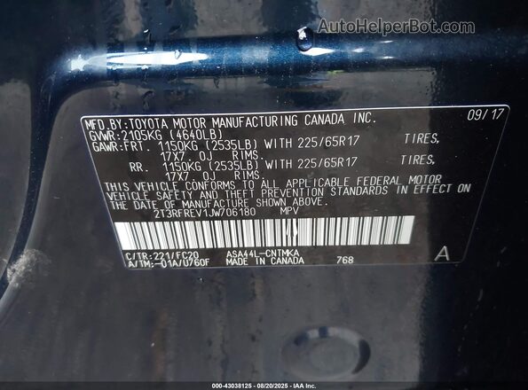 2T3RFREV1JW706180 2018 TOYOTA LE Blue 