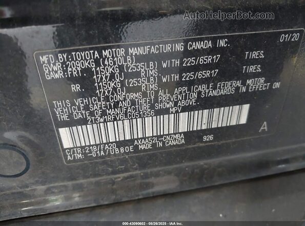2T3W1RFV6LC051356 2020 TOYOTA LE Black Vista del compartimento del motor