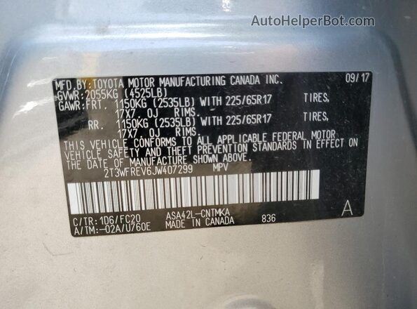 2T3WFREV6JW407299 2018 TOYOTA RAV4 Silver 