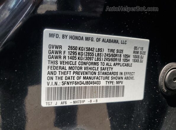 5FNYF6H34JB049403 2018 HONDA PILOT Black 
