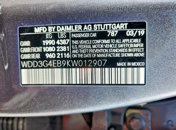 WDD3G4EB9KW012907 2019 MERCEDES-BENZ A-CLASS Charcoal 