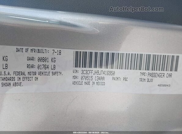 3C3CFFJH9JT416950 2018 FIAT 500C Silver Vista del compartimento del motor