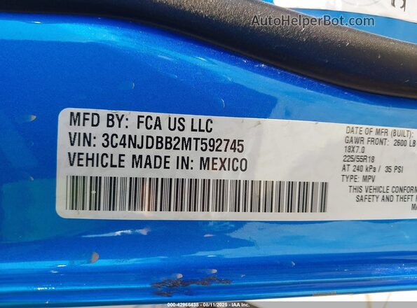 3C4NJDBB2MT592745 2021 JEEP COMPASS Синий Вид подкапотного пространства
