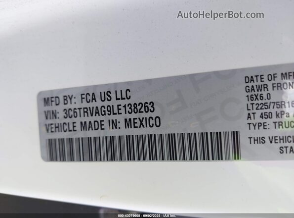 3C6TRVAG9LE138263 2020 RAM PROMASTER 1500 White 