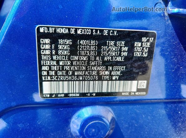 3CZRU5H36JM705076 2018 HONDA HR-V Blue 