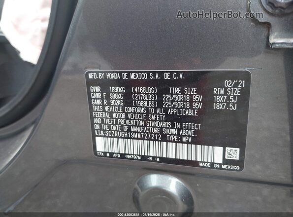 3CZRU6H19MM727212 2021 HONDA HR-V Gray Вид підкапотного простору