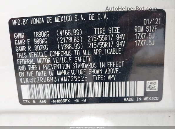 3CZRU6H37MM725525 2021 HONDA HR-V White Вид підкапотного простору