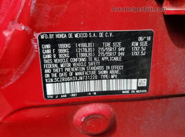 3CZRU6H3XJM731220 2018 HONDA HR-V Red 