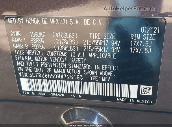 3CZRU6H50MM726193 2021 HONDA HR-V Purple Vista del compartimento del motor