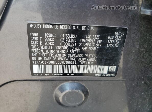 3CZRU6H53JM706094 2018 HONDA HR-V Gray 