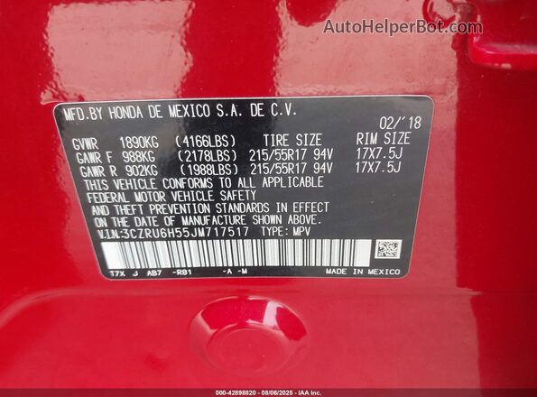 3CZRU6H55JM717517 2018 HONDA HR-V Red 