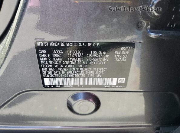3CZRU6H57MM755738 2021 HONDA HR-V Gray VIN կոդի պիտակի տեսք