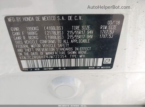 3CZRU6H74JM722354 2018 HONDA HR-V White 