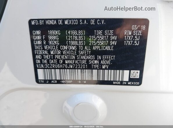 3CZRU6H76JM723201 2018 HONDA HR-V Белый 