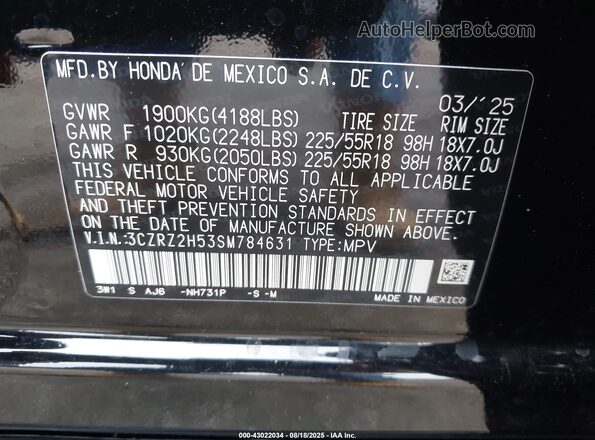 3CZRZ2H53SM784631 2025 HONDA HR-V Black Widok komory silnika