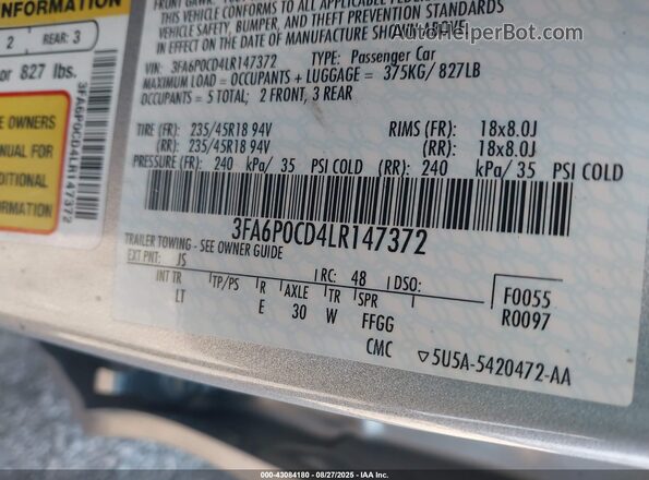 3FA6P0CD4LR147372 2020 FORD FUSION Silver ძრავის განყოფილების ხედი