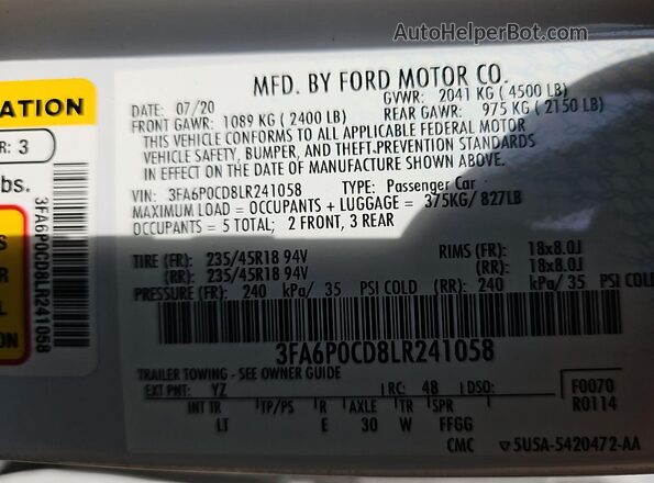 3FA6P0CD8LR241058 2020 FORD FUSION  Vista interior de 360 grados