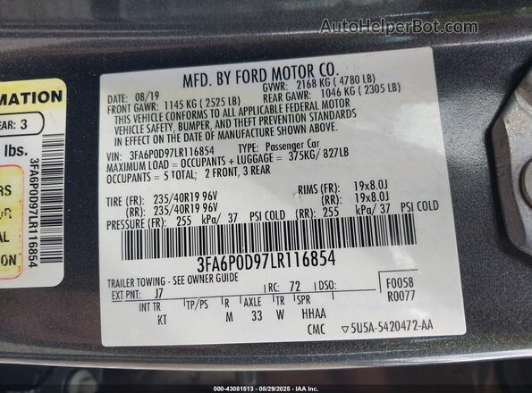 3FA6P0D97LR116854 2020 FORD FUSION Gray Widok komory silnika