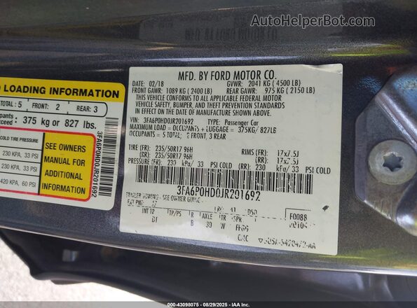 3FA6P0HD0JR201692 2018 FORD FUSION Gray 