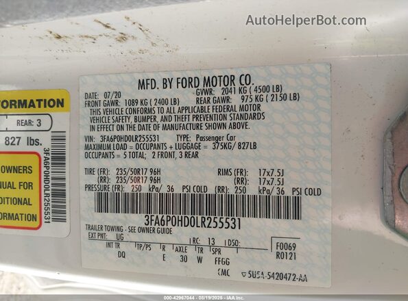 3FA6P0HD0LR255531 2020 FORD FUSION Белый Вид подкапотного пространства