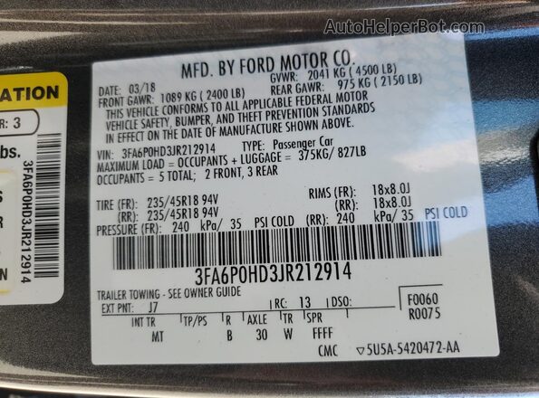 3FA6P0HD3JR212914 2018 FORD FUSION Gray 