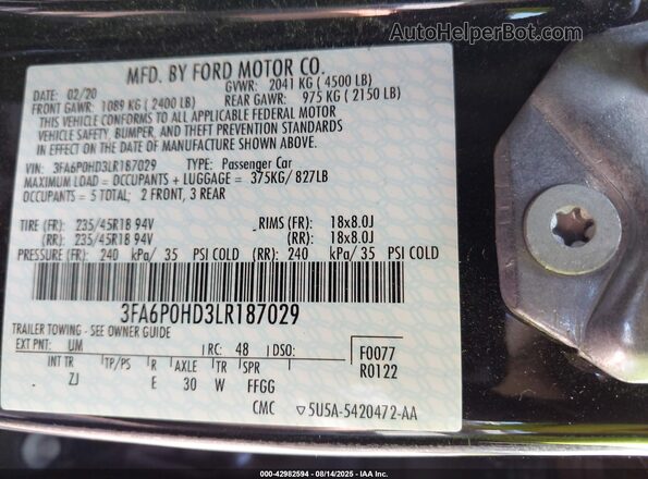3FA6P0HD3LR187029 2020 FORD FUSION Black Вид підкапотного простору