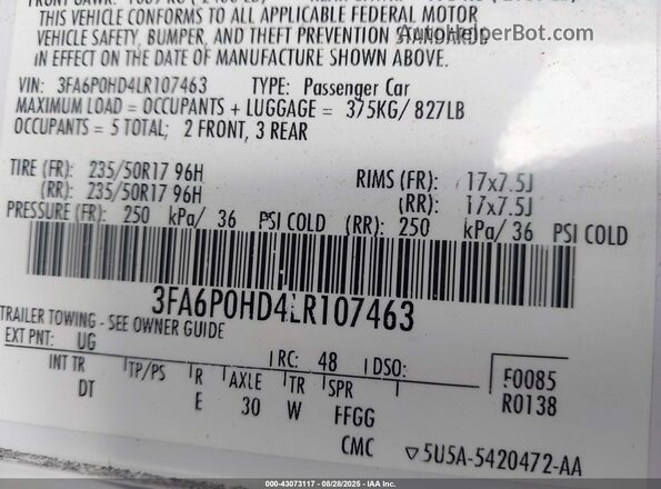 3FA6P0HD4LR107463 2020 FORD FUSION White Вид підкапотного простору