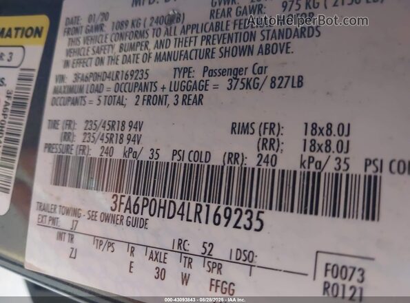 3FA6P0HD4LR169235 2020 FORD FUSION Gray ძრავის განყოფილების ხედი