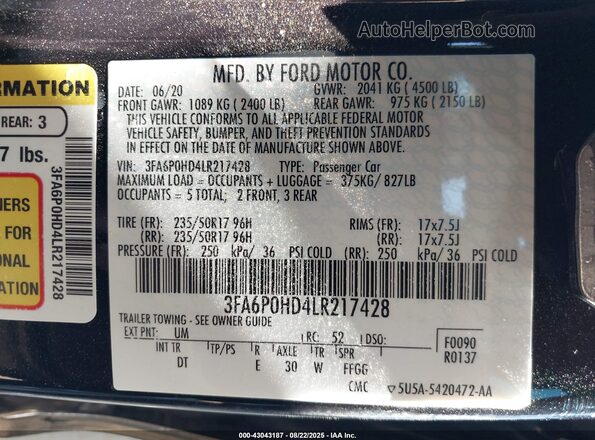 3FA6P0HD4LR217428 2020 FORD FUSION Черный Вид подкапотного пространства