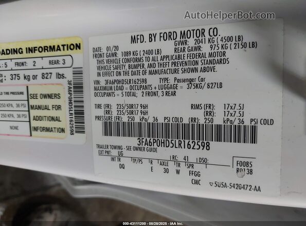 3FA6P0HD5LR162598 2020 FORD FUSION White Vista del compartimento del motor