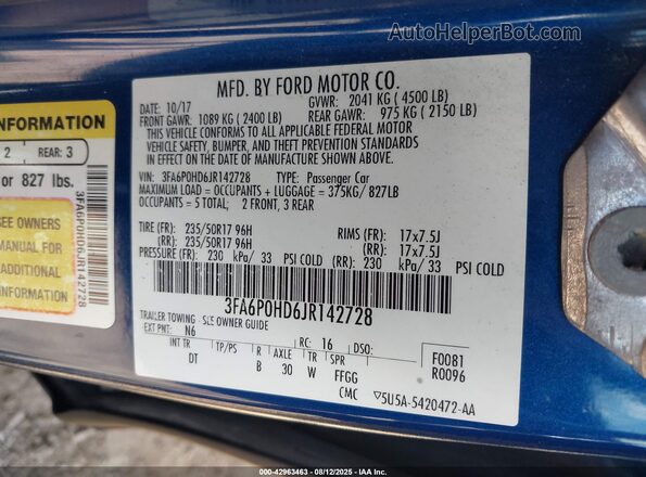 3FA6P0HD6JR142728 2018 FORD FUSION Blue 