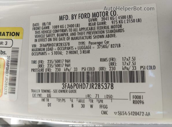 3FA6P0HD7JR285378 2018 FORD FUSION White 