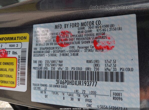 3FA6P0HDXJR193777 2018 FORD FUSION Gray 