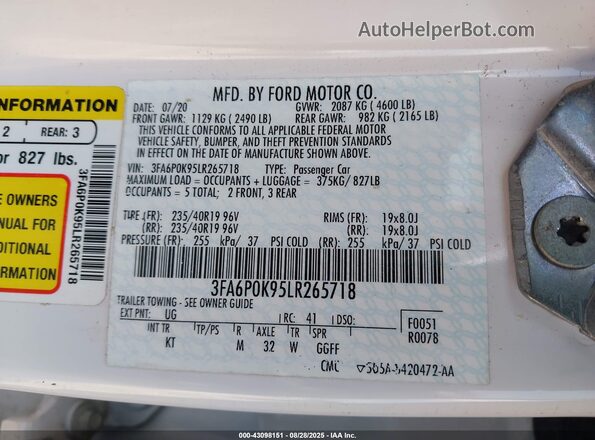 3FA6P0K95LR265718 2020 FORD FUSION White Engine compartment view