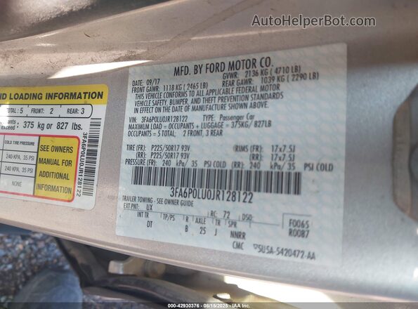 3FA6P0LU0JR128122 2018 FORD FUSION HYBRID Серебряный 