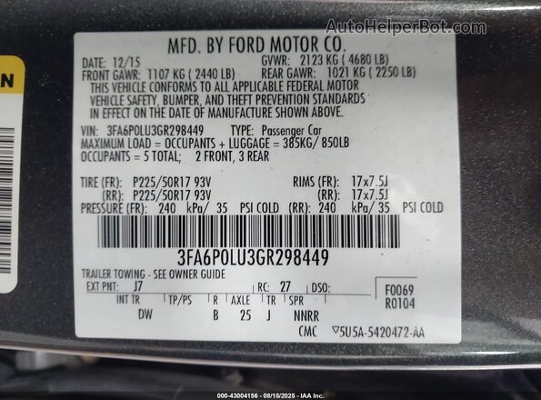 3FA6P0LU3GR298449 2016 FORD FUSION HYBRID Gray Widok komory silnika