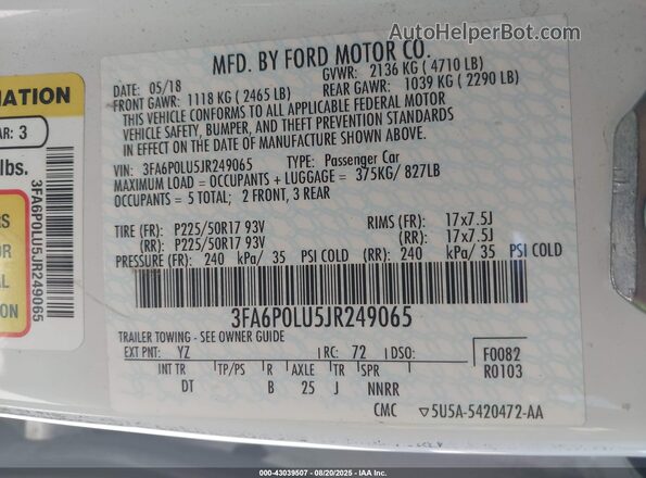 3FA6P0LU5JR249065 2018 FORD FUSION White Widok komory silnika