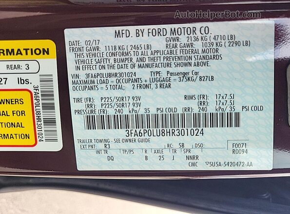 3FA6P0LU8HR301024 2017 FORD FUSION HYBRID  Հետևի նստատեղերի տեսք