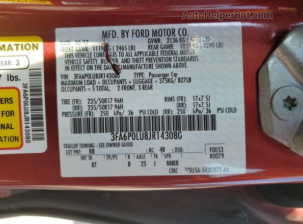 3FA6P0LU8JR143080 2018 FORD FUSION Red 