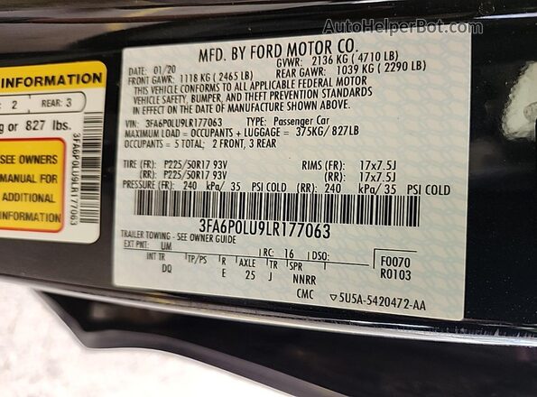 3FA6P0LU9LR177063 2020 FORD FUSION  Вид підкапотного простору