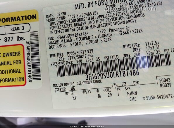 3FA6P0SU0LR181486 2020 FORD FUSION White Շարժիչի բաժամունքի տեսք
