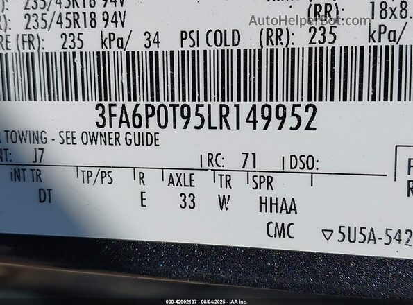 3FA6P0T95LR149952 2020 FORD FUSION Серый Вид подкапотного пространства
